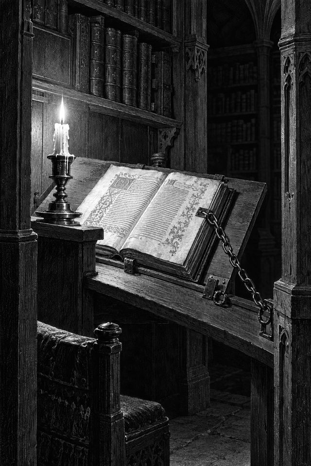 A chained book on its lectern